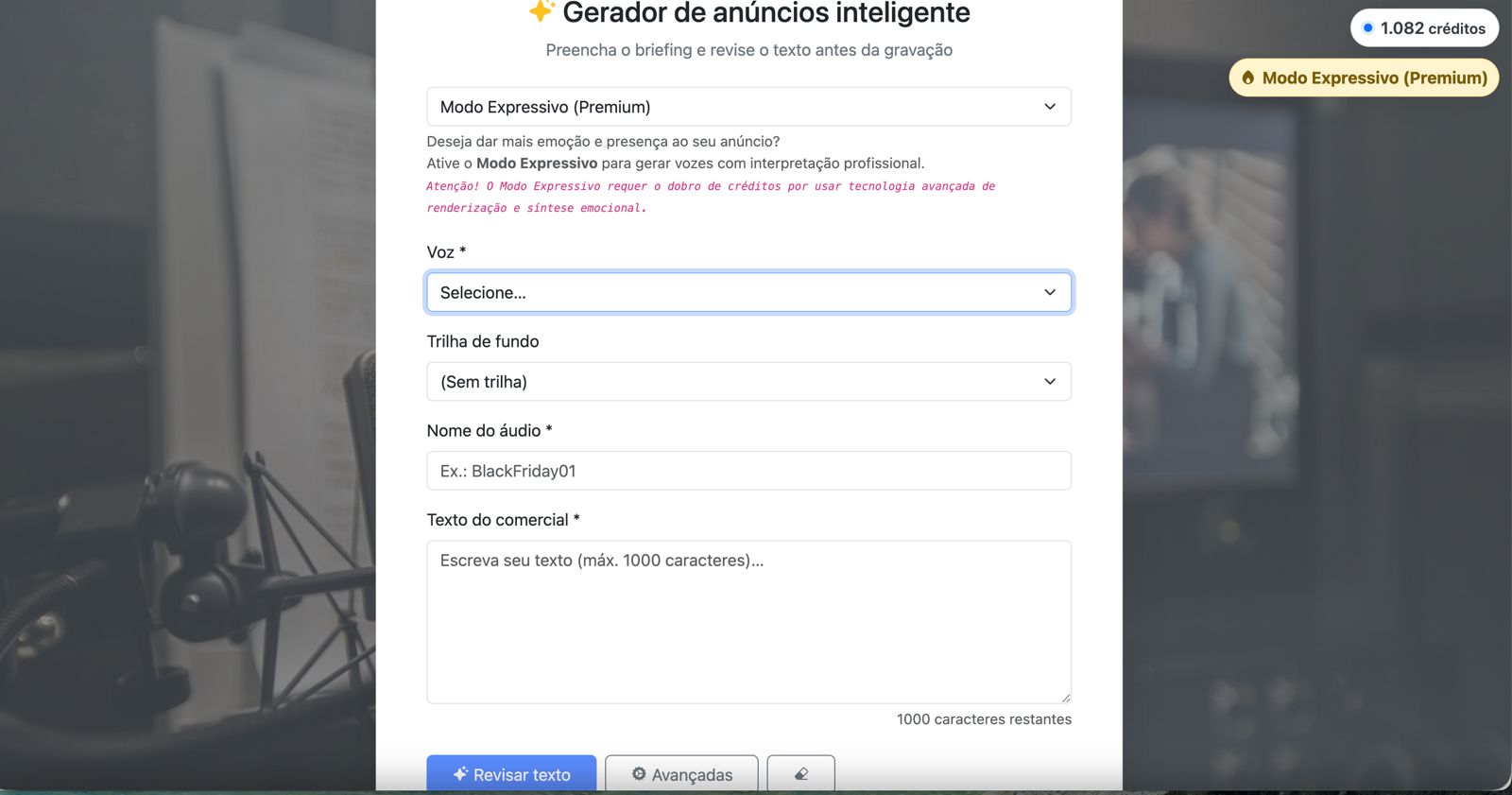 Painel de criação IA